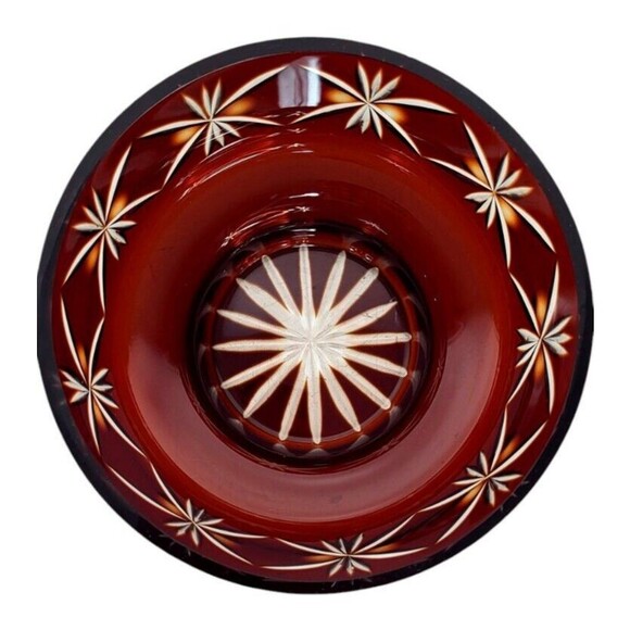 VTG Faberge Ruby Red To Clear Diamond Cut Crystal Starburst Atomic Pedestal Bowl - Picture 6 of 13